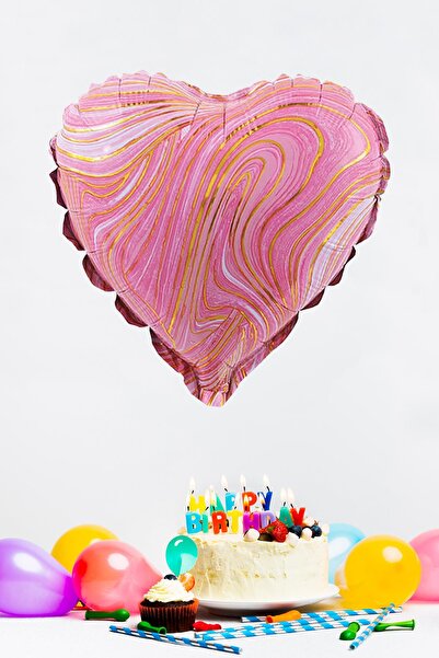 PEKSHOP Pembe Mermer Kalp Folyo Balon Retro Balon Kalp Şekilli 18inç 45cm