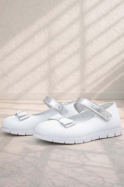 Rakerplus White Silver Bow Velcro Genuine Leather Girls' Ballerinas
