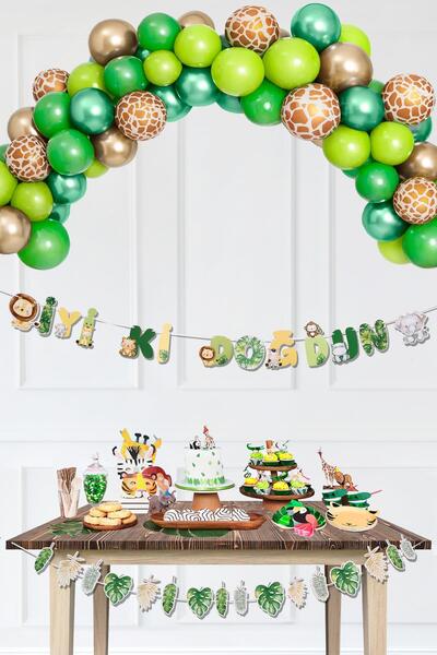 PEKSHOP Safari Doğum Günü Balon Zinciri Yeşil Gold Safari Banner Evde Süsleme...