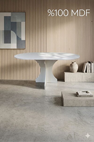 ADIM EBATLAMA Oval Salon Yemek Masası Kemer Tek Ayak 160x90 -Beyaz