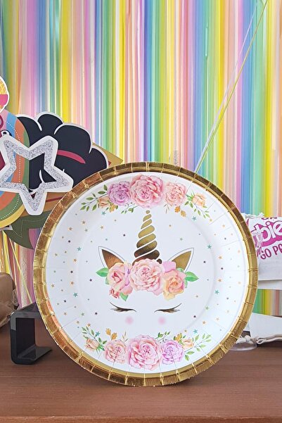 PEKSHOP Unicorn Gold Varaklı Karton Tabak Yuvarlak 8 Adetli Paket