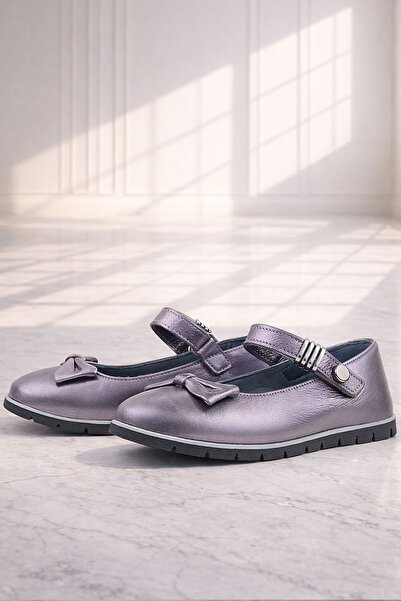 Rakerplus Genuine Leather Platinum Buckle Detailed Velcro Girls' Ballerina Shoes