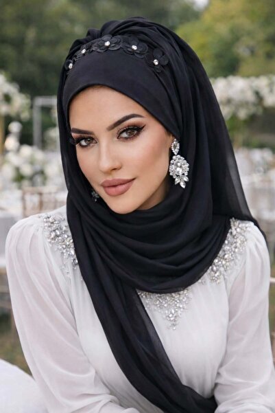 Aişe tesettür Siyah Çiçek Taşlı Hazır Abiye Şal