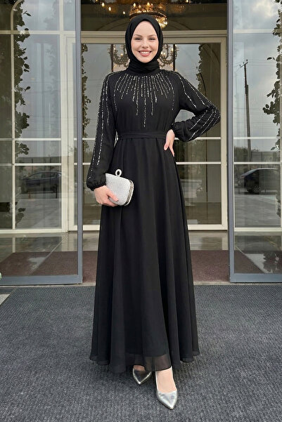 InStyle Black Evening Dress with Stones on the Collar and Sleeves