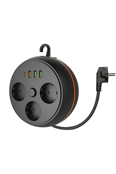 MATECHNO Makaralı 3'lü 1.5 M Uzatma Kablosu Akım Korumalı Priz 3x USB 1x Type...