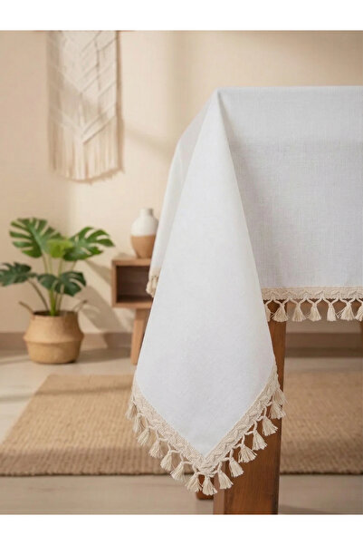 NDC HOME مفرش طاولة من الكتان الخام العضوي مع زخرفة بوم بوم