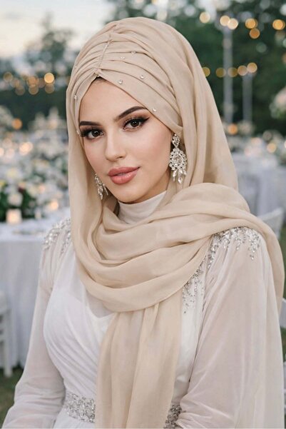 Aişe tesettür Kemik Rengi Taşlı Büzgü Model Hazır Abiye Şal