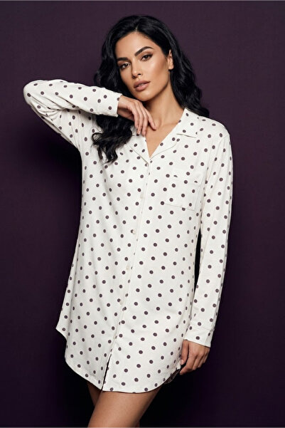 DOFİ Cămașă de noapte cu buline cu nasturi pentru femei Ecru Violet – Țesătur...