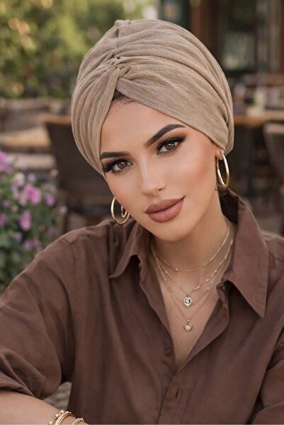 Aişe tesettür Beige Mink Sparkling - Ready Twisted Bonnet Knot