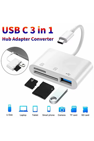 Choice محول أبيض 3 في 1 من النوع C، وقارئ بطاقات TF وCF وSD، ومسجل، وبطاقة ذا...