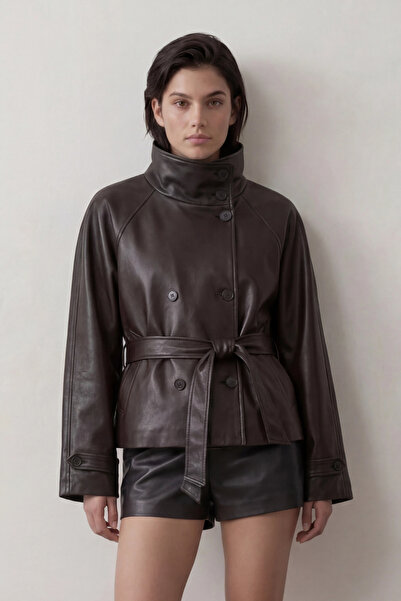 MEECY Dik yaka suni deri trençkot