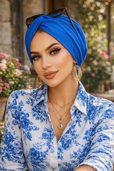 Aişe tesettür Σαξ Μπλε Προκατασκευασμένο Καπέλο Μπουγκέντα με Σπιράλ Κόμπο