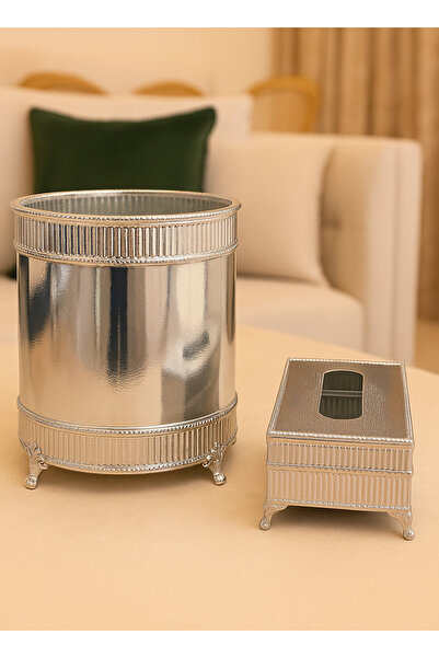ALQANNAS طقم سلة مهملات وعلبة مناديل فضية | سلة مهملات وعلبة مناديل أنيقة وعا...