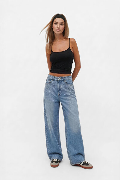 Bluewhite Pantaloni de damă cu talie înaltă cu pietre aplicate albastru