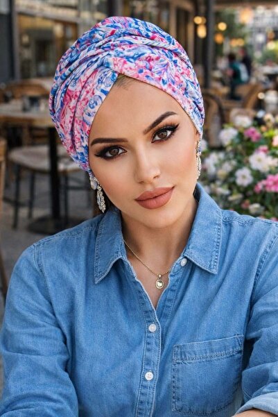 Aişe tesettür Blue Red Patterned Auger Bone