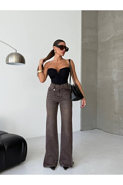 HerTon Kadın Yüksek Bel Çapraz Kemer Wide Leg Jean – %100 Pamuk Denim Pantolon