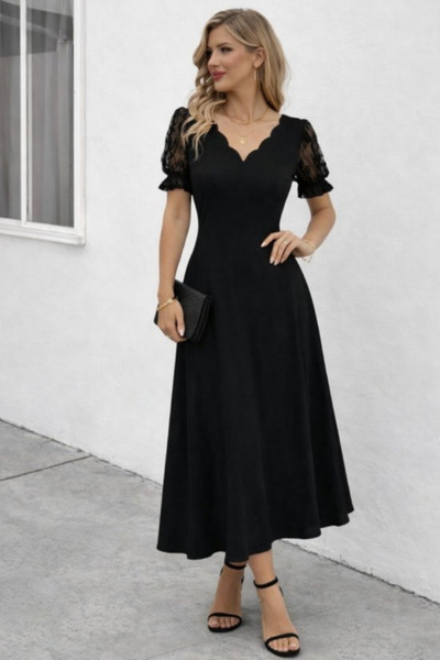 Kokosh moda Kadın Kolu Dantel Detaylı V Yaka Uzun Krep Elbise