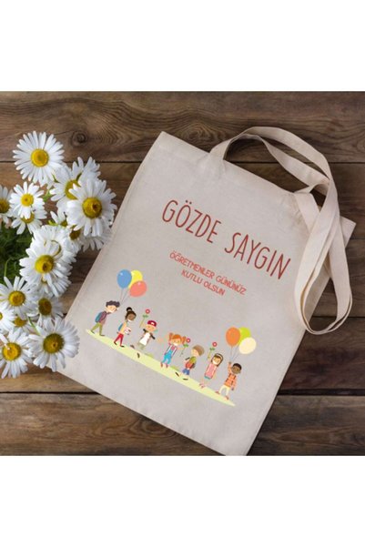 PEKSHOP İsme Özel Baskılı Öğretmenler Günü Omuz Çantası Bez Çanta Çocuk Desenli
