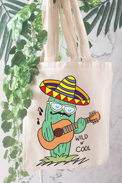 PEKSHOP حقيبة قماش الصبار مطبوع مع جيتار مكسيكي من كاكتوس كونسيبت