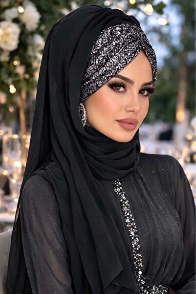 Aişe tesettür Siyah Antrasit Payetli Abiye Şal