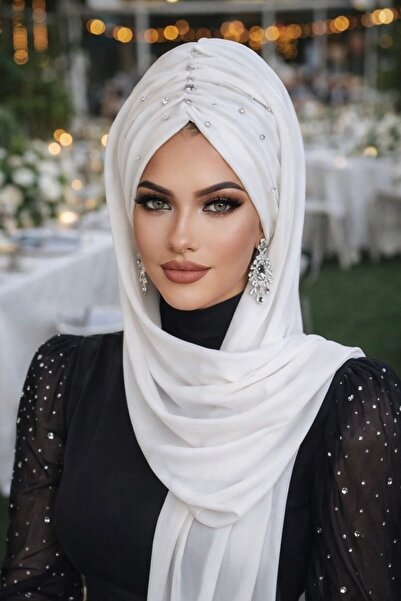 Aişe tesettür Kırık Beyaz Taş Detay Büzgülü Abiye kelebek