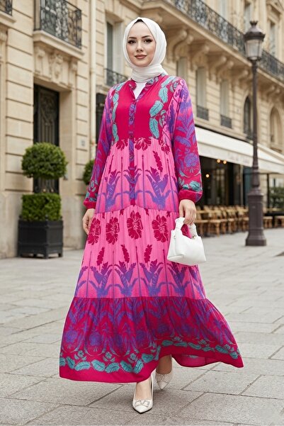 Bestenur فستان ساير نصف زر منسوج من الفيسكوز 1485 - فوشيا