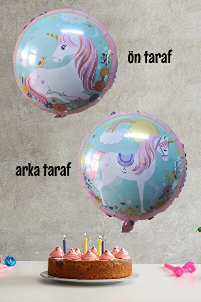 PEKSHOP Yuvarlak Unicorn Temalı Folyo Balon Çift Taraflı Unicorn Konsept Balo...