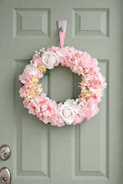 ecrella Premium El Yapımı Çiçekli Kapı Süsü – Pastel Pembe & Beyaz Bahar Çele...