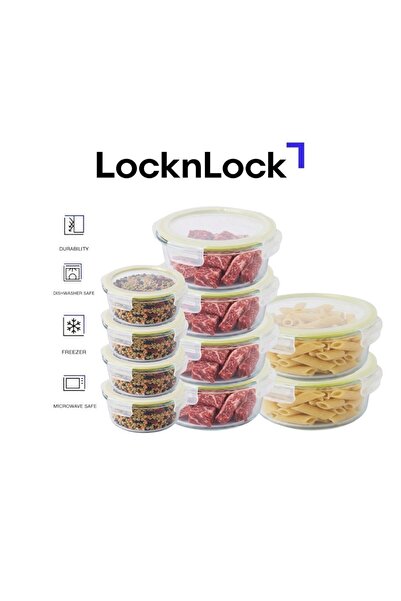 locknlock Fresh Oven-Safe Glass Round Food Container 10-Piece Set with Airtig...