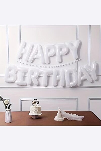 PEKSHOP Beyaz Renk Happy Birthday Folyo Balon Seti Doğum Günü Balon Süsleme Seti