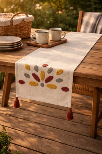 St Shopyteks 100% Cotton Linen Bohemian Punch Embroidered Table Runner – 40X 130 Elegant and Natural Tablecloth