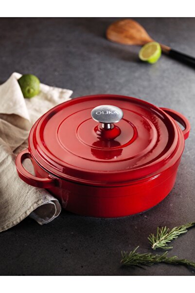 OLİKA قدر حديد قصير مقاس 28 سم باللون الأحمر