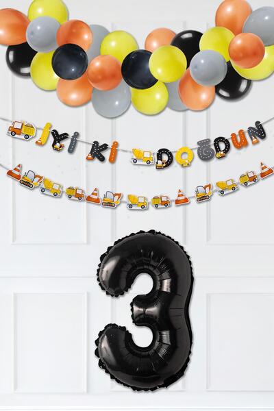PEKSHOP İnşaat Doğum Günü Balon Zinciri Yaş Balonlu Parti Süsleme Seti Banner...