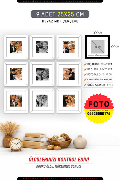 yhfoto 9 Adet 25x25 Çerçeve - Beyaz Çerçeve - Mdf Kare Çerçeve - Fotoğraf Çer...