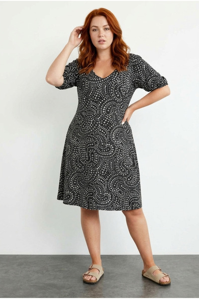 Stil Diva V-Neck Print Short Dress - Plus Size, Elastic Sleeve 137992