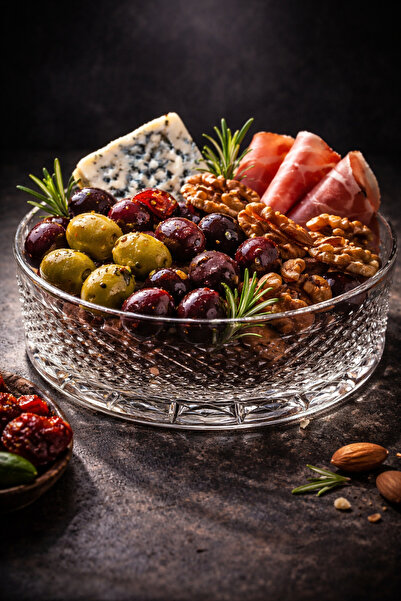 Mirano Cam Tasarım Dekorlu ( Kesme ) El Işi Kristal 25 Cm Yuvarlak Cam Salata...