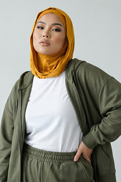 Aisha's Design Kapşon ve Kapatıcı Özellikli Penye Kadın Hazır Bone,B-89P,Hardal