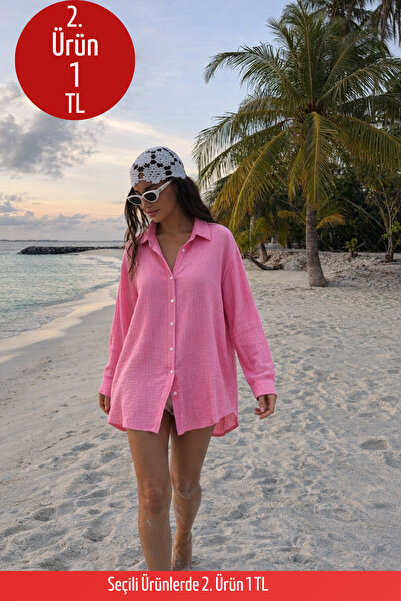 COMBİNE MİCHAİL Kadın Keten Görünüm Yazlık Pembe Bol Gömlek