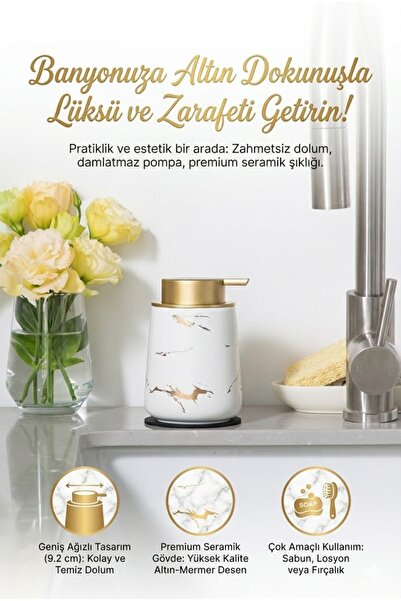 Playtronik Lüks Mermer Desenli Seramik Banyo ve Mutfak Sıvı Sabunluk - Altın ...