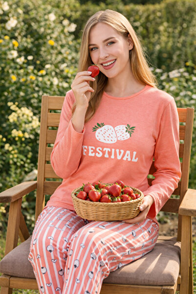 rindahomewear طقم بيجامة نسائي قماش جيرسي وحيد بأكمام طويلة ومطبوع