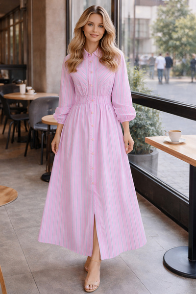 benguen Rochie cămașă cu dungi roz - 2132