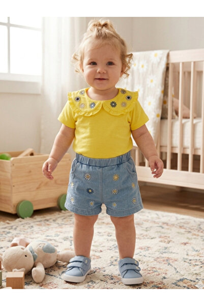EYMİRGİYİM Papatya Nakışlı Pamuklu Penye Şortlu Takım Kız Bebek Çocuk 6-24 Ay