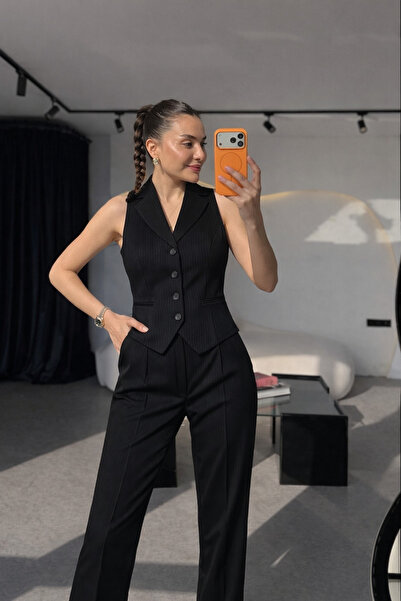 Perry Boutique Black Striped Premium Vest-Pants Set