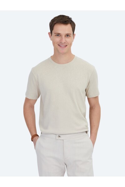 Kip Μπεζ μονόχρωμο μπλουζάκι με λαιμόκοψη από βαμβακερό μείγμα