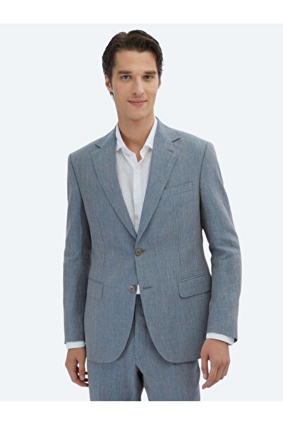 Kip بدلة كتان 100% بقصة عصرية مخططة باللون الأزرق الداكن