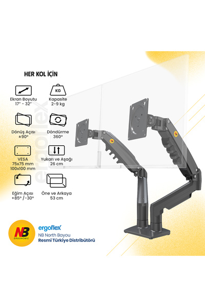 Ergoflex North Bayou Nb F160 17-32'' Dual Arm Monitor Arm 2-9 kg Monitor Stand with Shock Absorber New Version