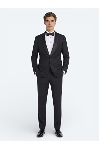 Kip Siyah Düz Slim Fit Şal Yaka Dokuma Smokin Takım Elbise