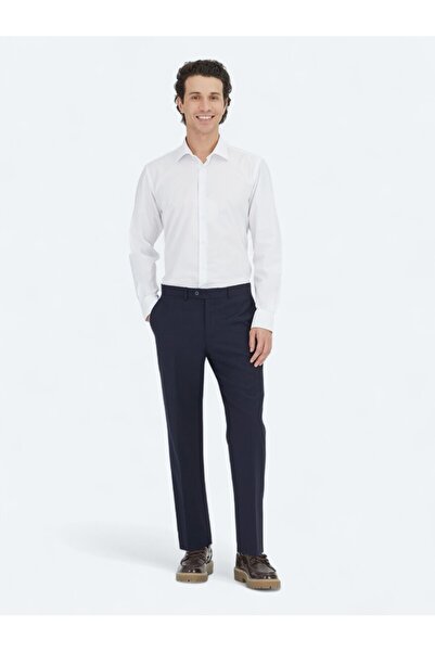 Kip Navy Blue Plain Weave Fitted Fit Classic Wool Blend Trousers