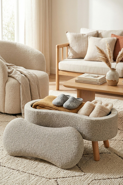 Zem Scala Sandıklı Bohem Ahşap Ayaklı Puf/Bench, Sütlü Kahve