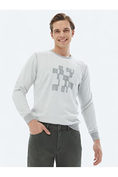 Kip Gri Bisiklet Yaka Desenli Pamuk Karışımlı Triko Kazak